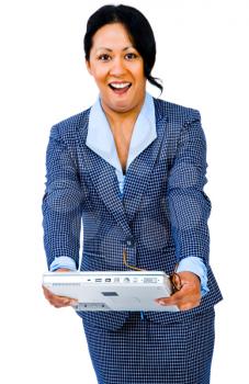 Royalty Free Photo of a Happy Business Woman Holding a Laptop