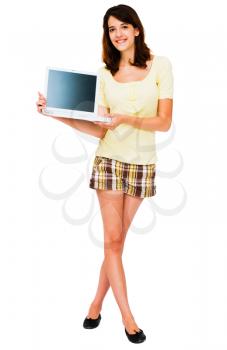 Royalty Free Photo of a Woman Standing and Holding a Laptop