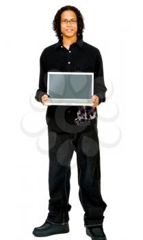 Royalty Free Photo of a Man Presenting a Laptop