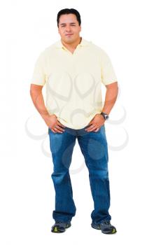 Mid adult man standing with his hands in his pockets isolated over white