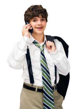Child talking on a mobile phone and smiling isolated over white