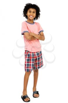 Mixed race boy standing with her arms crossed isolated over white