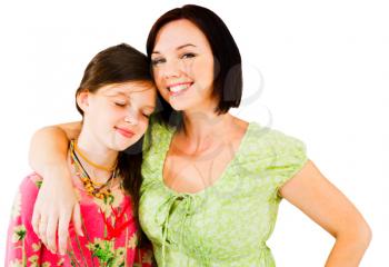 Woman arm around a girl isolated over white