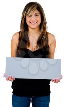 Smiling woman showing a blank placard isolated over white