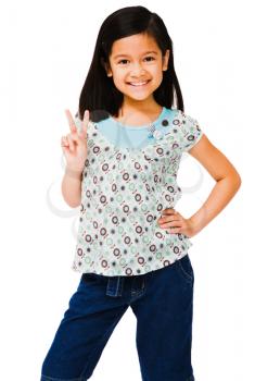 Child showing peace sign and smiling isolated over white