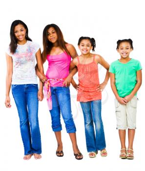 Teenage girls standing with girls and smiling isolated over white