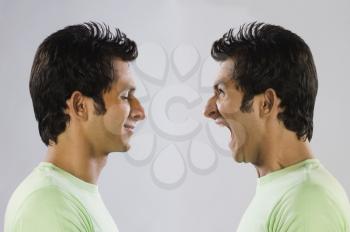 Digital composite image of a man yelling at self