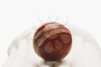 Close-up of a cricket ball on a cricket pad