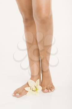 Close-up of a woman's legs with a lily flower