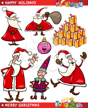 Cartoon Illustration of Santa Claus or Papa Noel, Elf, Presents and other Christmas Themes set