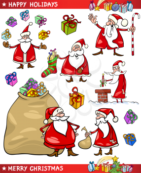 Cartoon Illustration of Santa Claus or Papa Noel with Sack of Gifts, Sock and Cane and other Christmas Themes set