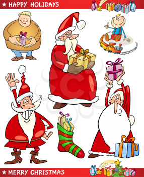 Cartoon Illustration of Santa Claus or Papa Noel, Presents, Happy People and other Christmas Themes set