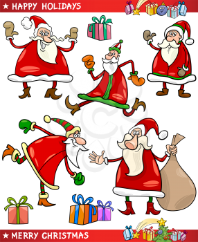 Cartoon Illustration of Santa Claus or Papa Noel, Presents, Gifts and other Christmas Themes set
