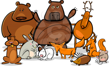 Cartoon Illustration of Funny Forest Wild Animals like Bears, Hedgehog, Deer, Hare and Fox
