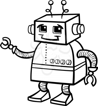 Black and White Cartoon Illustration of Cute Robot or Droid for Children to Coloring Book