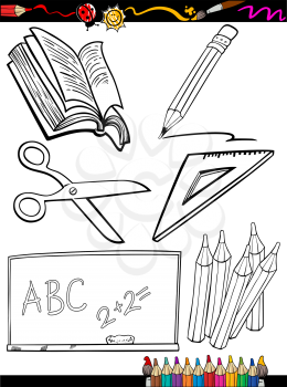 Coloring Book or Page Cartoon Illustration of Black and White School Objects Set for Children Education