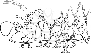 Black and White Cartoon Illustration of Santa Claus Group with Elf Christmas Characters for Coloring Book