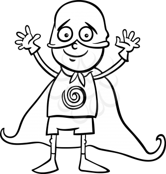 Black and White Cartoon Illustration of Cute Little Boy in Superhero Costume for Fancy Ball for Coloring Book