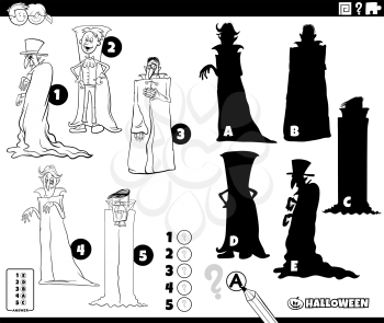 Black and white cartoon illustration of finding the right shadows to the pictures educational game for children with vampires Halloween characters coloring book page