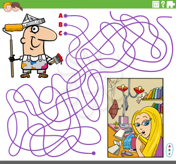 Cartoon illustration of lines maze puzzle game with painter character and apartment for renovation