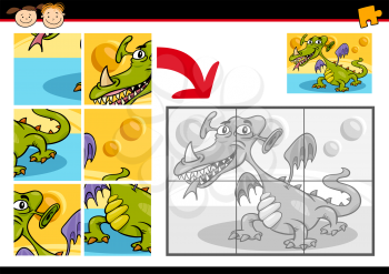 Cartoon Illustration of Education Jigsaw Puzzle Game for Preschool Children with Fantasy Monster or Dragon