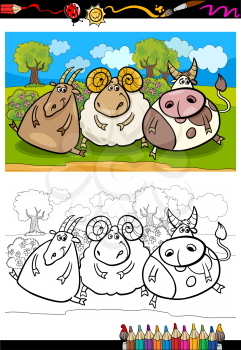 Coloring Book or Page Cartoon Illustration of Country Rural Scene with Farm Animals Goat and Bull and Ram Characters for Children