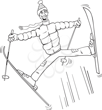Black and White Cartoon Illustrations of Funny Man Jumping on Ski for Coloring Book