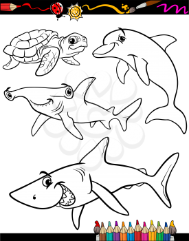 Coloring Book or Page Cartoon Illustration of Color and Black and White Sea Life Animals Set for Children