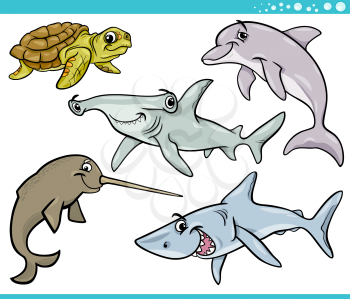 Cartoon Illustration of Sea Life Animals Set