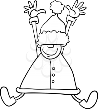 Black and White Cartoon Illustration of Happy Jumping Santa Claus or Elf Character for Coloring Book