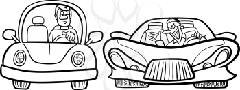 Black and White Cartoon Illustration of Man in Old Car and Another in Sports One for Coloring Book