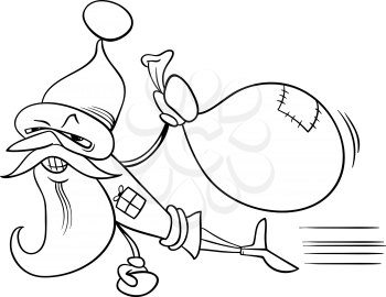 Black and White Cartoon Illustration of Superhero Santa Claus Character with Sack of Christmas Presents for Coloring Book