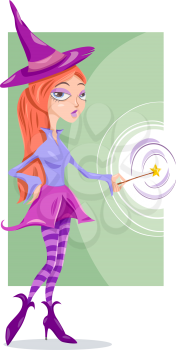 Cartoon Illustration of Cute Witch or Fairy Fantasy Character with Magic Wand