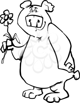 Black and White Cartoon Sketch Illustration of Funny Wild Bear with Flower for Coloring Book