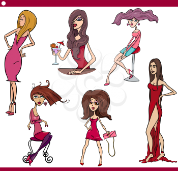 Cartoon Illustration Set of Beautiful Young Women Characters
