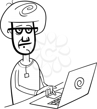 Black and White Cartoon Illustration of Man Working on Notebook