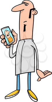 Cartoon Illustration of Man with Mobile or Smart Phone
