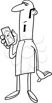 Black and White Cartoon Illustration of Man with Mobile or Smart Phone for Coloring Book