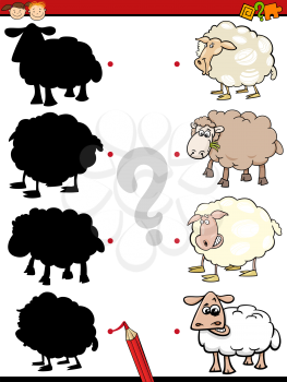 Cartoon Illustration of Education Shadow Game for Preschool Children with Sheep Farm Animal Characters