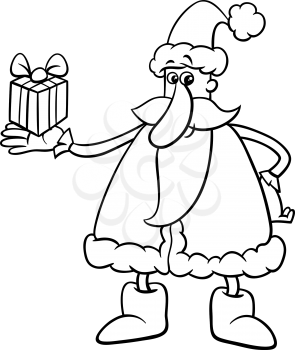 Black and White Cartoon Illustration of Santa Claus with Christmas Gift for Coloring Book