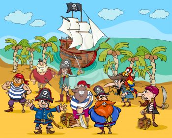 Cartoon Illustrations of Fantasy Pirate Characters on Treasure Island
