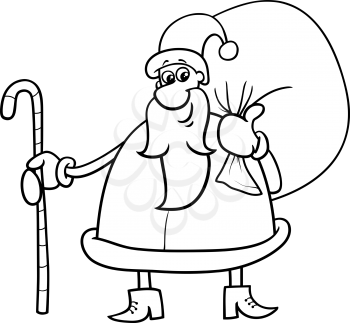 Black and White Cartoon Illustration of Santa Claus with Sack and Cane on Christmas Time for Coloring Book