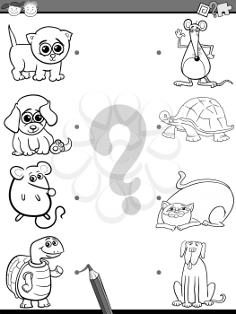 Black and White Cartoon Illustration of Education Picture Matching Task for Preschool Children with Little Animals and their Mothers For Coloring