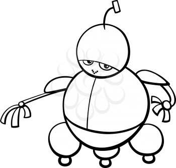 Black and White Cartoon Illustration of Cute Robot Fantasy Character for Coloring Book