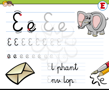 Cartoon Illustration of Writing Skills Practise with Letter E Worksheet for Children