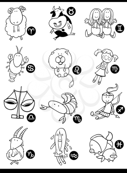 Cartoon Illustration of Black and White Horoscope Zodiac Signs with Cute Toy Characters