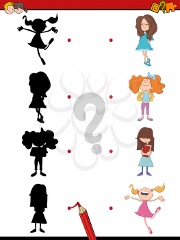 Cartoon Illustration of Find the Shadow Educational Activity Task for Children with Kid Girls