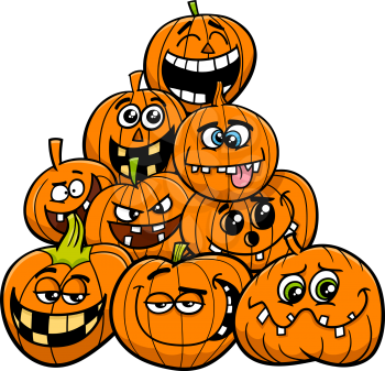 Cartoon Illustration of Halloween Pumpkins or Jack Lantern Characters Group in the Heap