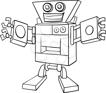 Black and White Cartoon Illustration of Robot or Droid Character for Coloring Book