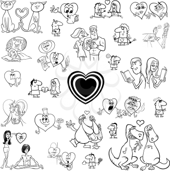 Black and White Cartoon Illustration of Valentines Day Design Elements Characters and Clip Art Set